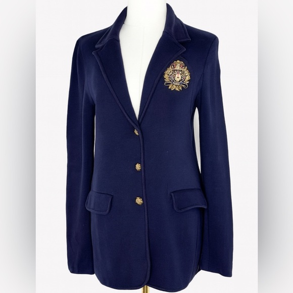 Lauren Ralph Lauren Petite Navy Crest Cardigan Sweater Size Petite Medium PM - Picture 1 of 10